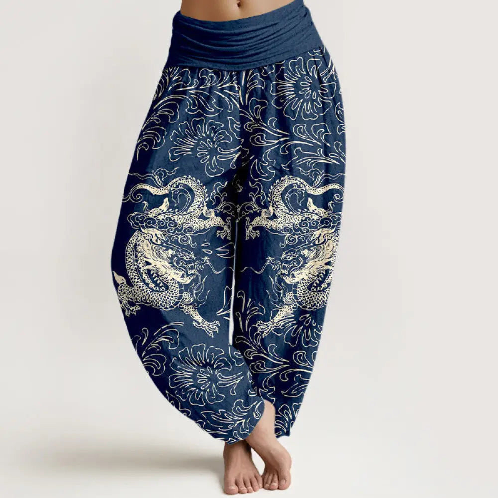 Buddha Stones Pure Cotton Dragon Floral Women’s Elastic Waist Harem Pants - SteelBlue / US2，UK/AU6，EU34 (XS) - Women’s