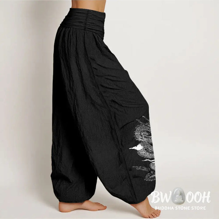 Buddha Stones Pure Cotton Dragon Sun Moon Pattern Women’s Elastic Waist Harem Pants - Women’s Harem Pants