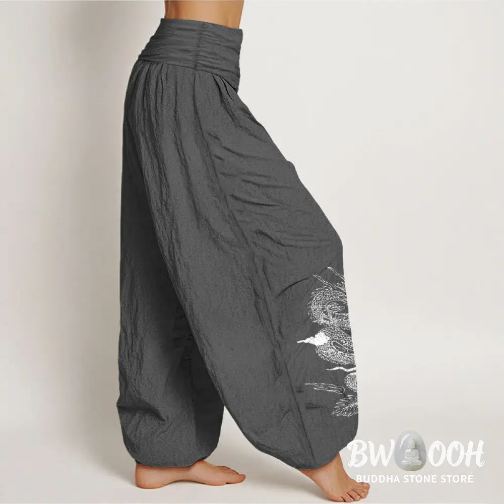 Buddha Stones Pure Cotton Dragon Sun Moon Pattern Women’s Elastic Waist Harem Pants - Women’s Harem Pants