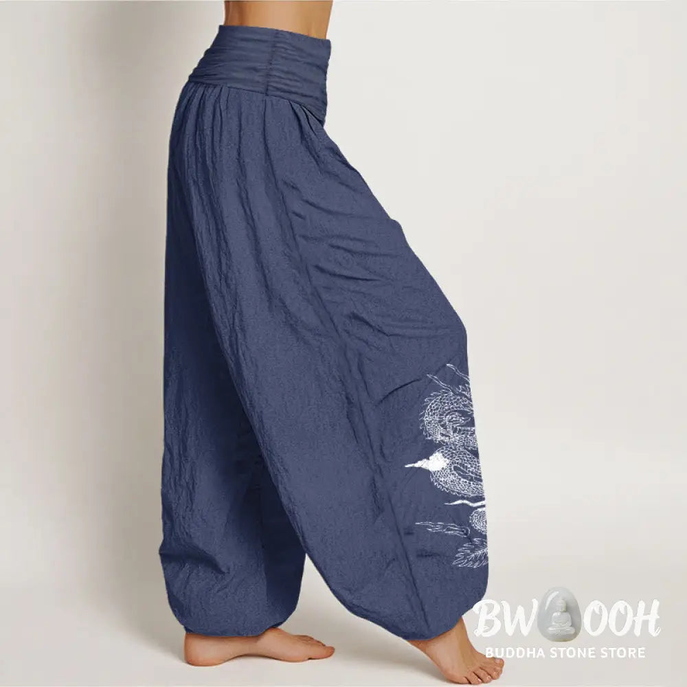 Buddha Stones Pure Cotton Dragon Sun Moon Pattern Women’s Elastic Waist Harem Pants - Women’s Harem Pants