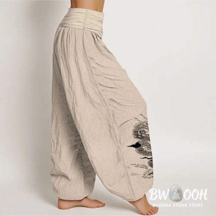 Buddha Stones Pure Cotton Dragon Sun Moon Pattern Women’s Elastic Waist Harem Pants - Women’s Harem Pants