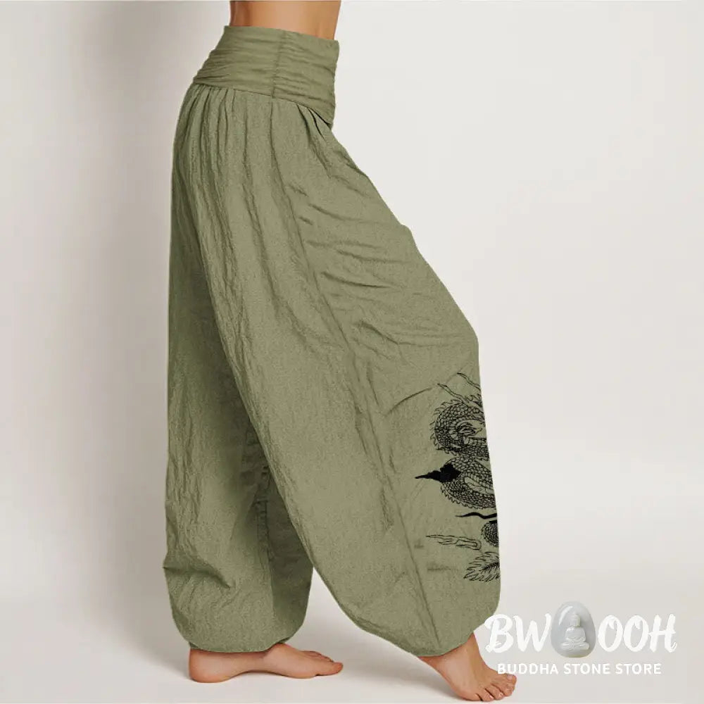 Buddha Stones Pure Cotton Dragon Sun Moon Pattern Women’s Elastic Waist Harem Pants - Women’s Harem Pants