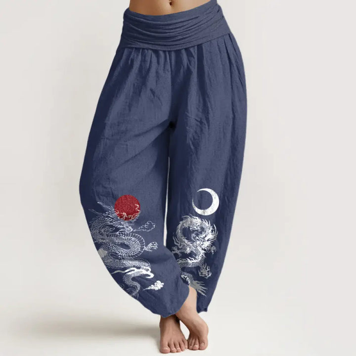 Buddha Stones Pure Cotton Dragon Sun Moon Pattern Women’s Elastic Waist Harem Pants - DarkSlateBlue / US2，UK/AU6，EU34