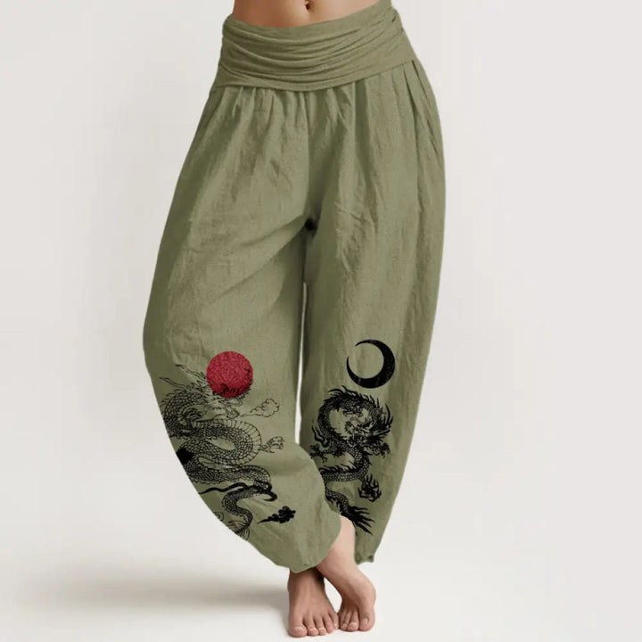 Buddha Stones Pure Cotton Dragon Sun Moon Pattern Women’s Elastic Waist Harem Pants - OliveDrab / US2，UK/AU6，EU34 (XS)