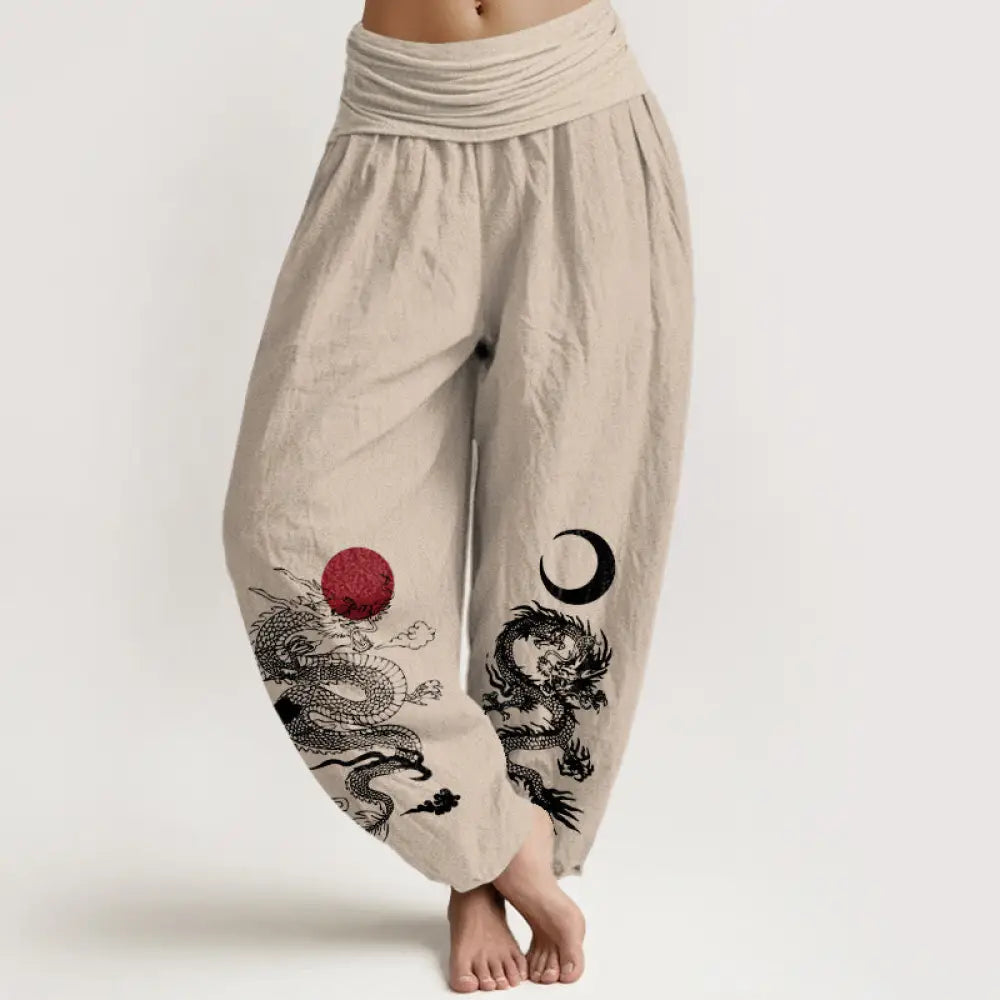 Buddha Stones Pure Cotton Dragon Sun Moon Pattern Women’s Elastic Waist Harem Pants - Tan / US2，UK/AU6，EU34 (XS)