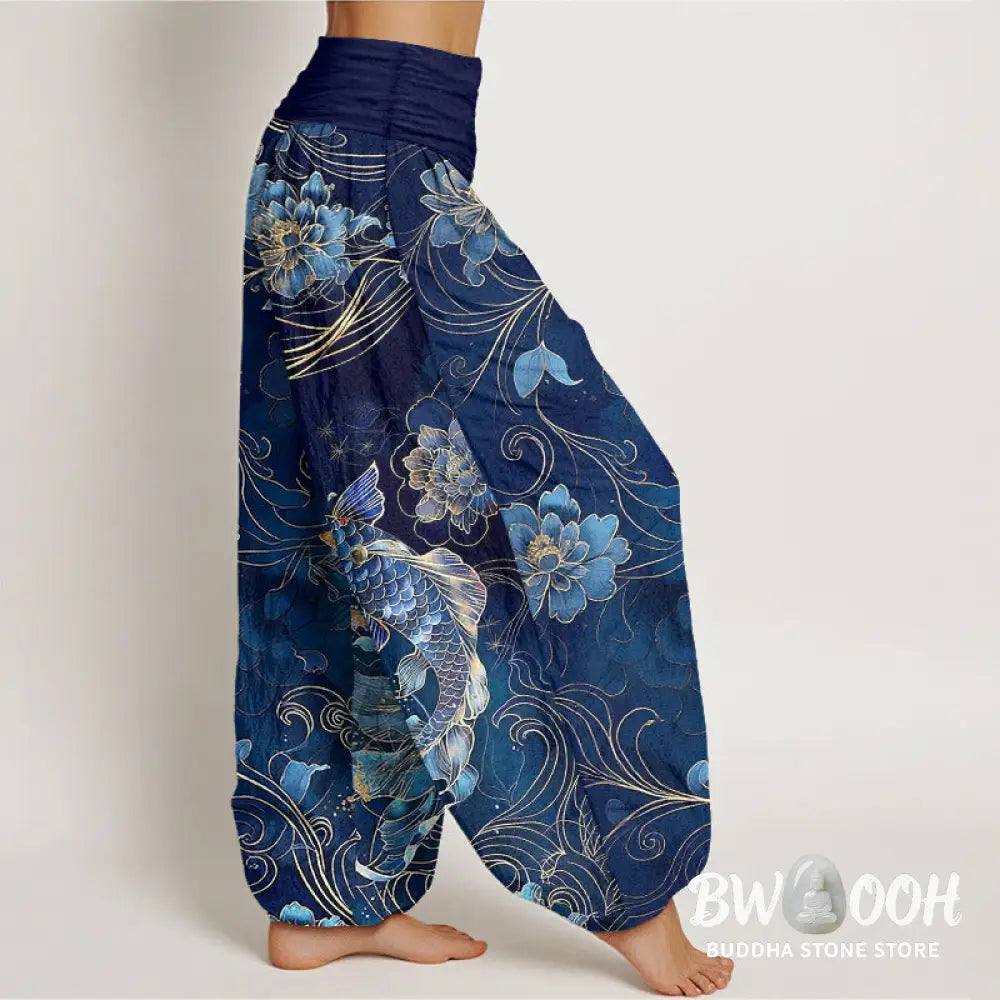 Buddha Stones Pure Cotton Dreamlike Koi Fish Peony Curve Pattern Women’s Elastic Waist Harem Pants - Women’s Harem Pants