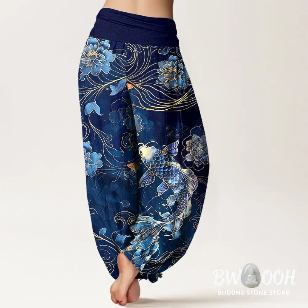 Buddha Stones Pure Cotton Dreamlike Koi Fish Peony Curve Pattern Women’s Elastic Waist Harem Pants - Women’s Harem Pants