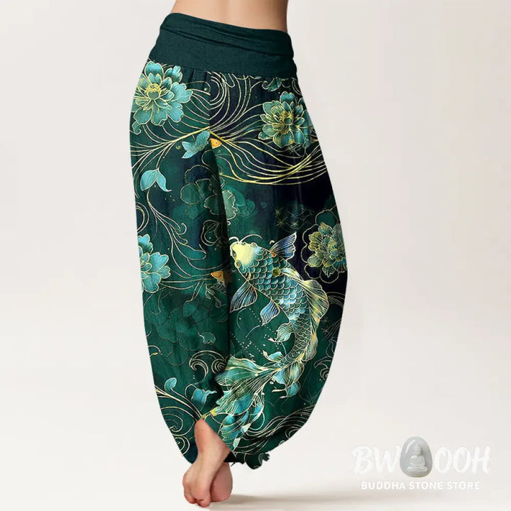 Buddha Stones Pure Cotton Dreamlike Koi Fish Peony Curve Pattern Women’s Elastic Waist Harem Pants - Women’s Harem Pants