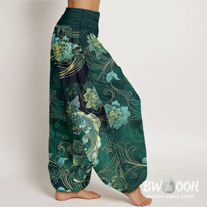 Buddha Stones Pure Cotton Dreamlike Koi Fish Peony Curve Pattern Women’s Elastic Waist Harem Pants - Women’s Harem Pants