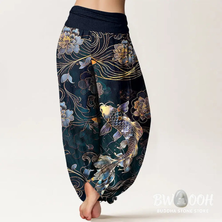 Buddha Stones Pure Cotton Dreamlike Koi Fish Peony Curve Pattern Women’s Elastic Waist Harem Pants - Women’s Harem Pants