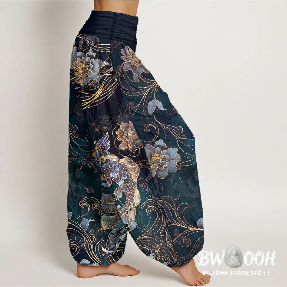 Buddha Stones Pure Cotton Dreamlike Koi Fish Peony Curve Pattern Women’s Elastic Waist Harem Pants - Women’s Harem Pants