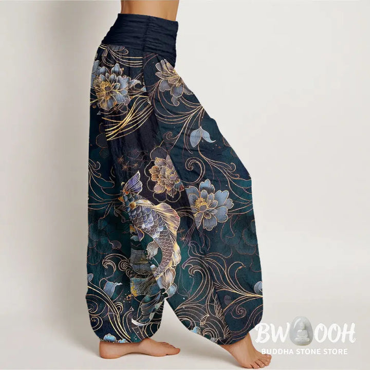 Buddha Stones Pure Cotton Dreamlike Koi Fish Peony Curve Pattern Women’s Elastic Waist Harem Pants - Women’s Harem Pants