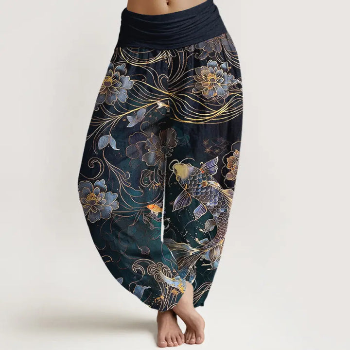 Buddha Stones Pure Cotton Dreamlike Koi Fish Peony Curve Pattern Women’s Elastic Waist Harem Pants - Black