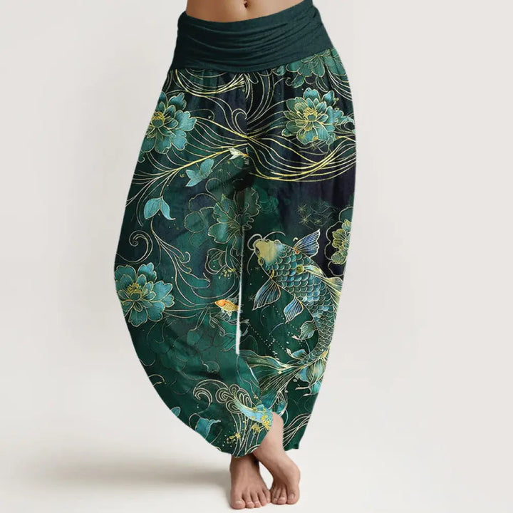 Buddha Stones Pure Cotton Dreamlike Koi Fish Peony Curve Pattern Women’s Elastic Waist Harem Pants - DarkGreen
