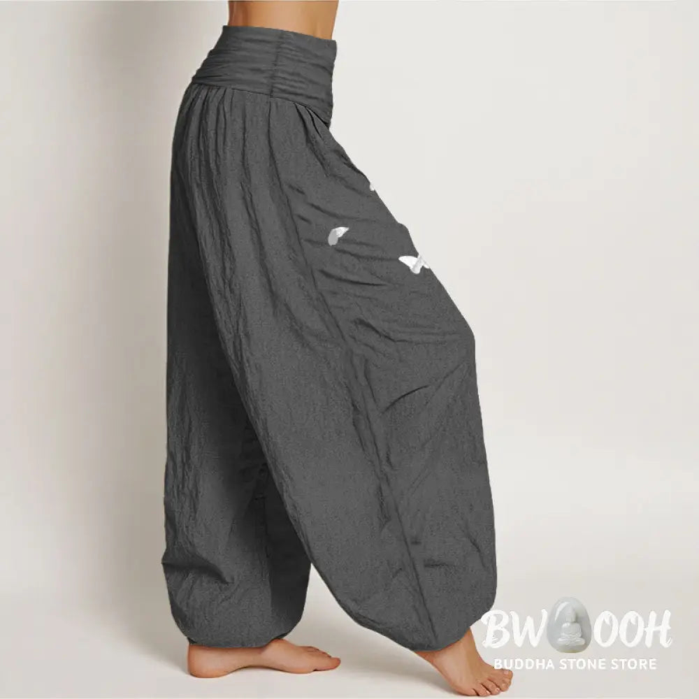 Buddha Stones Pure Cotton Elegant Butterfly Dandelion Pattern Women’s Elastic Waist Harem Pants - Women’s Harem Pants