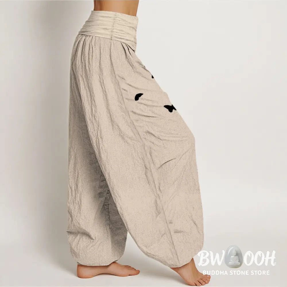 Buddha Stones Pure Cotton Elegant Butterfly Dandelion Pattern Women’s Elastic Waist Harem Pants - Women’s Harem Pants