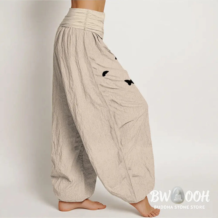 Buddha Stones Pure Cotton Elegant Butterfly Dandelion Pattern Women’s Elastic Waist Harem Pants - Women’s Harem Pants