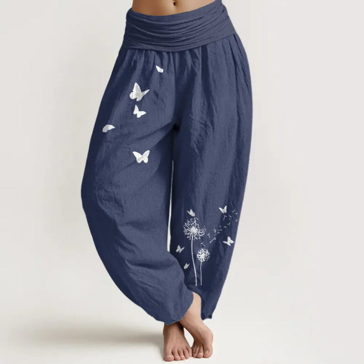 Buddha Stones Pure Cotton Elegant Butterfly Dandelion Pattern Women’s Elastic Waist Harem Pants - DarkSlateBlue