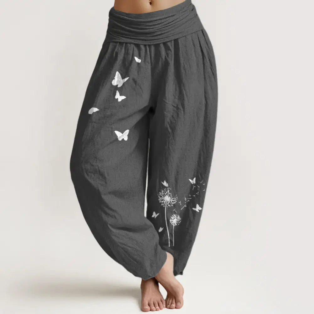 Buddha Stones Pure Cotton Elegant Butterfly Dandelion Pattern Women’s Elastic Waist Harem Pants - DimGray