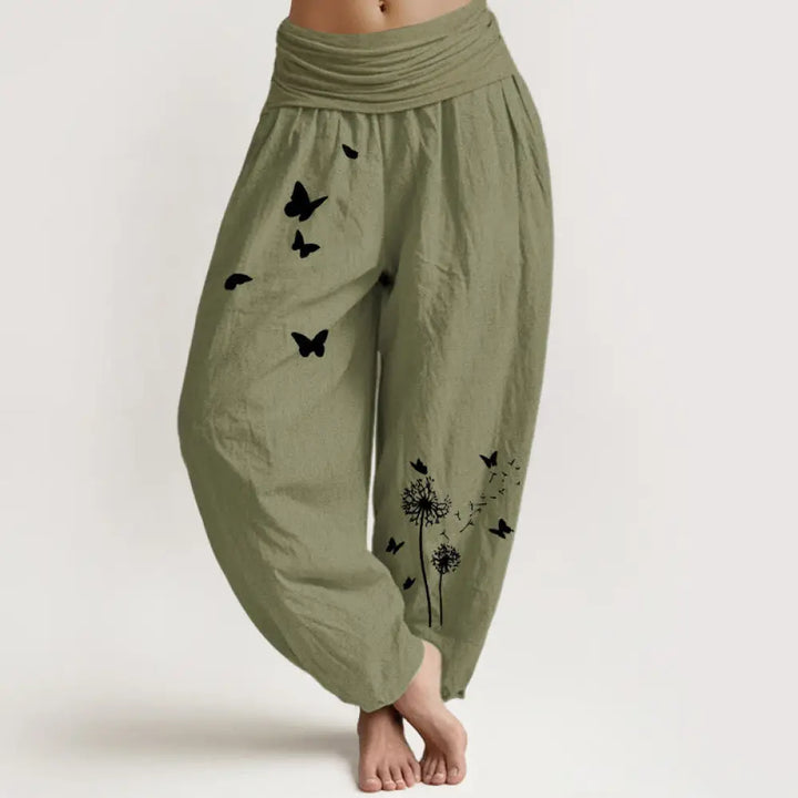 Buddha Stones Pure Cotton Elegant Butterfly Dandelion Pattern Women’s Elastic Waist Harem Pants - OliveDrab