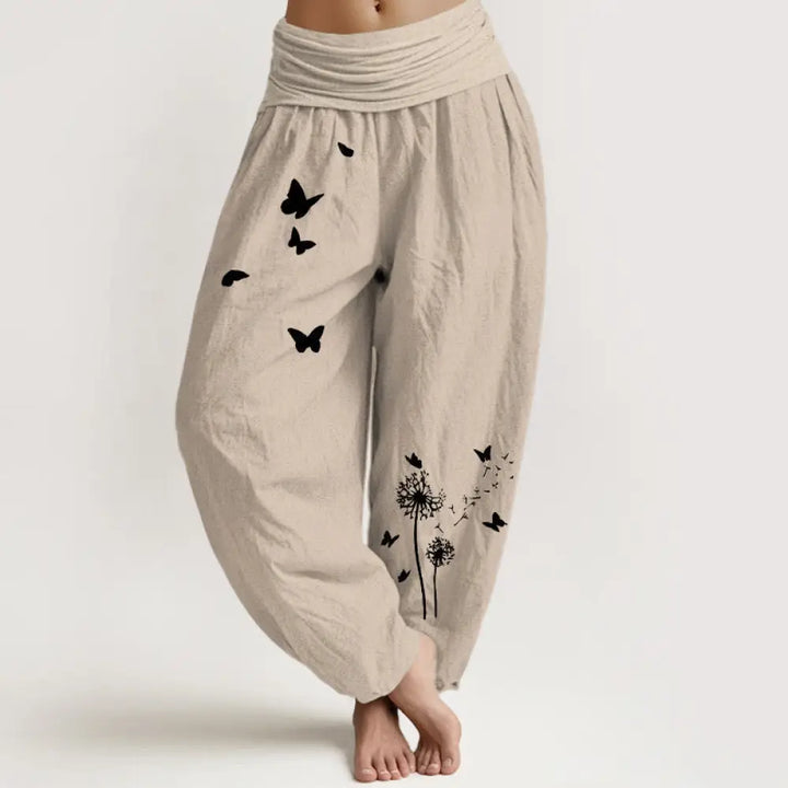 Buddha Stones Pure Cotton Elegant Butterfly Dandelion Pattern Women’s Elastic Waist Harem Pants - Tan / US2，UK/AU6，EU34