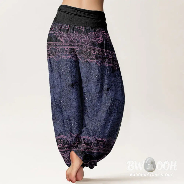 Buddha Stones Pure Cotton Elegant Mandala Flowers Design Women’s Elastic Waist Harem Pants - Women’s Harem Pants