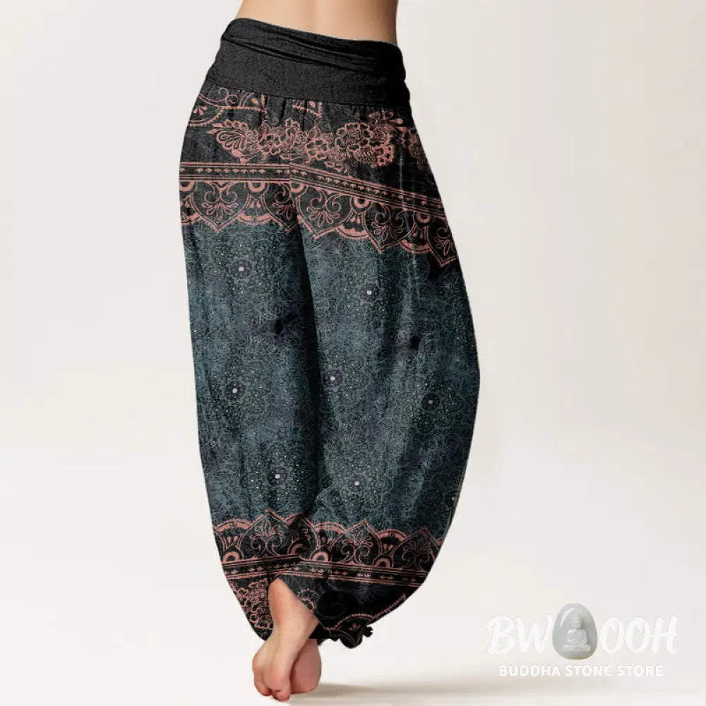 Buddha Stones Pure Cotton Elegant Mandala Flowers Design Women’s Elastic Waist Harem Pants - Women’s Harem Pants