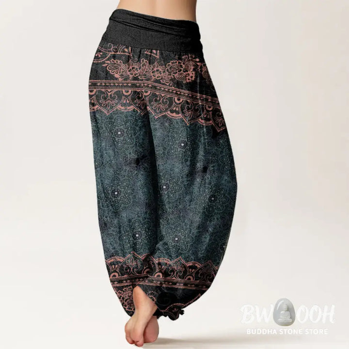 Buddha Stones Pure Cotton Elegant Mandala Flowers Design Women’s Elastic Waist Harem Pants - Women’s Harem Pants