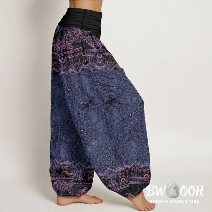 Buddha Stones Pure Cotton Elegant Mandala Flowers Design Women’s Elastic Waist Harem Pants - Women’s Harem Pants