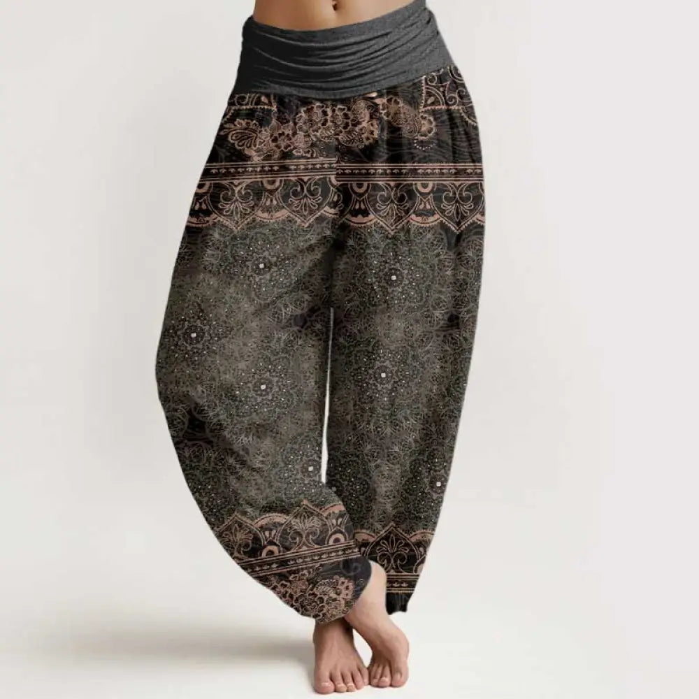 Buddha Stones Pure Cotton Elegant Mandala Flowers Design Women’s Elastic Waist Harem Pants - OliveDrab