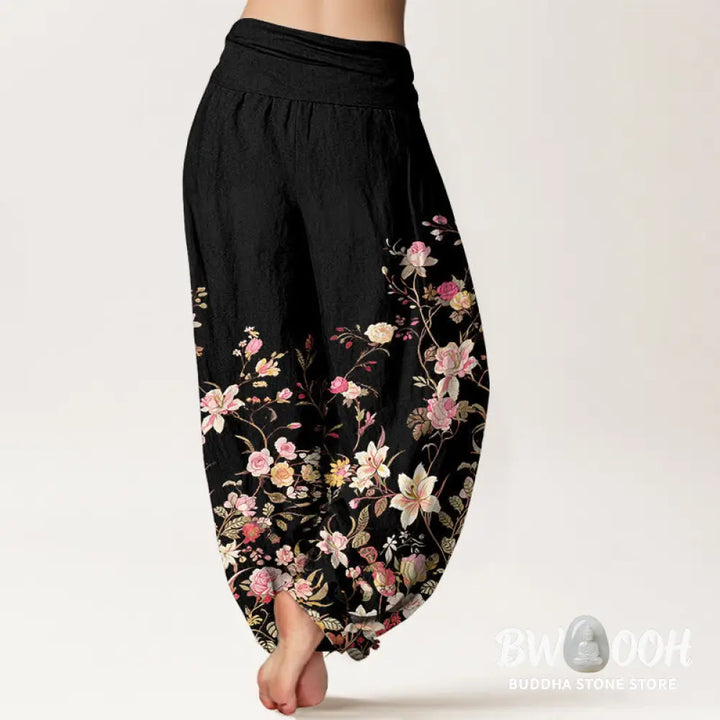 Buddha Stones Pure Cotton Exquisite Colorful Flower Pattern Women’s Elastic Waist Harem Pants - Women’s Harem Pants