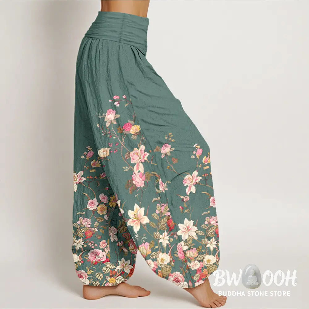 Buddha Stones Pure Cotton Exquisite Colorful Flower Pattern Women’s Elastic Waist Harem Pants - Women’s Harem Pants