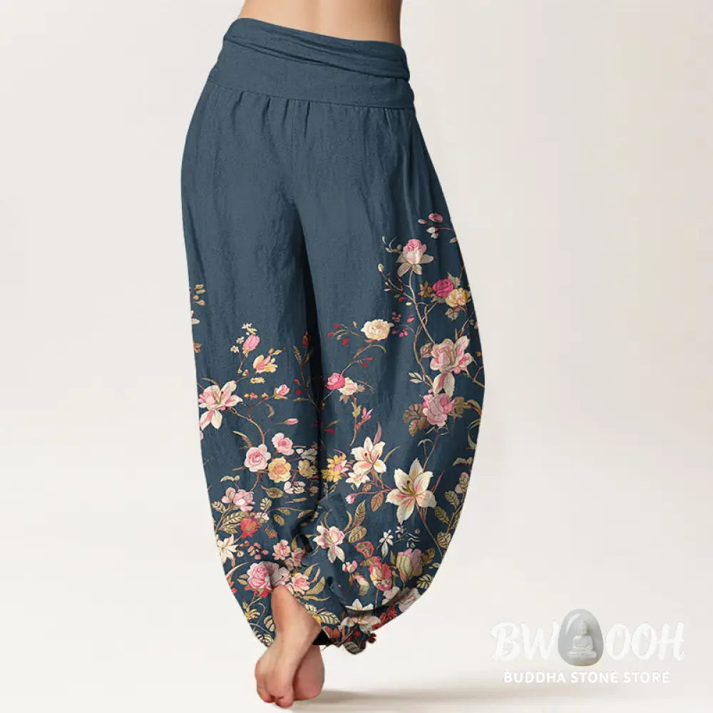Buddha Stones Pure Cotton Exquisite Colorful Flower Pattern Women’s Elastic Waist Harem Pants - Women’s Harem Pants