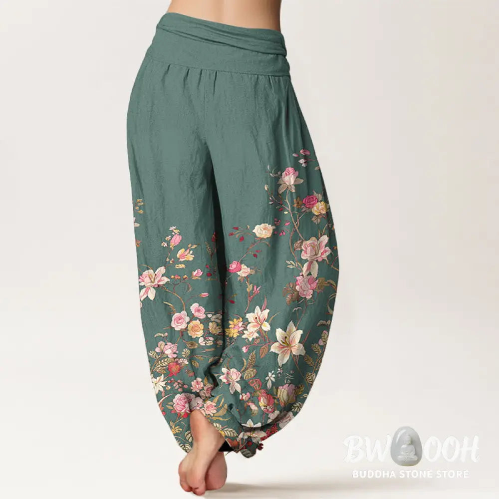 Buddha Stones Pure Cotton Exquisite Colorful Flower Pattern Women’s Elastic Waist Harem Pants - Women’s Harem Pants