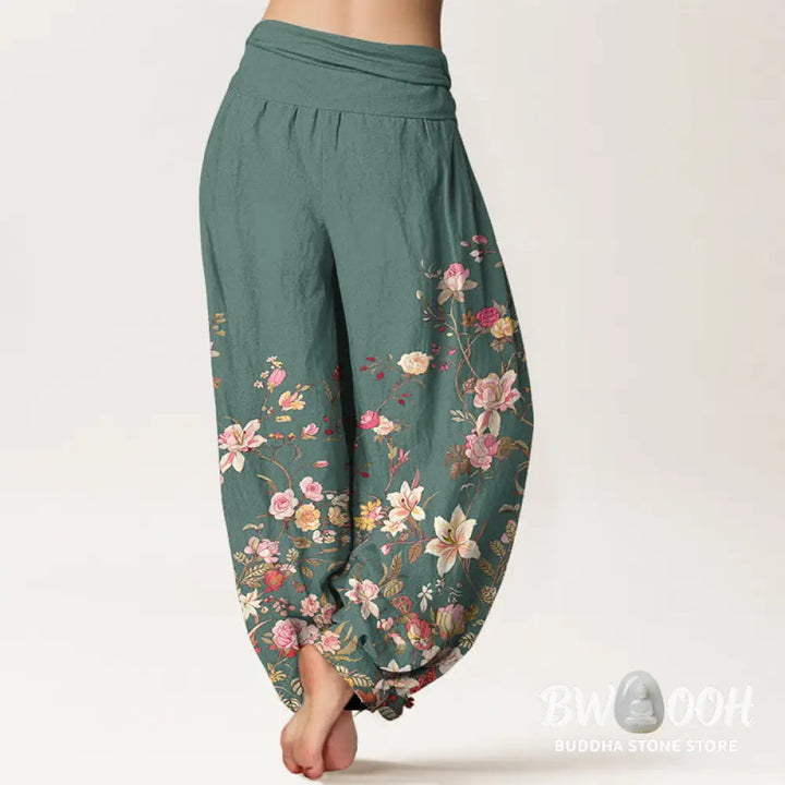 Buddha Stones Pure Cotton Exquisite Colorful Flower Pattern Women’s Elastic Waist Harem Pants - Women’s Harem Pants