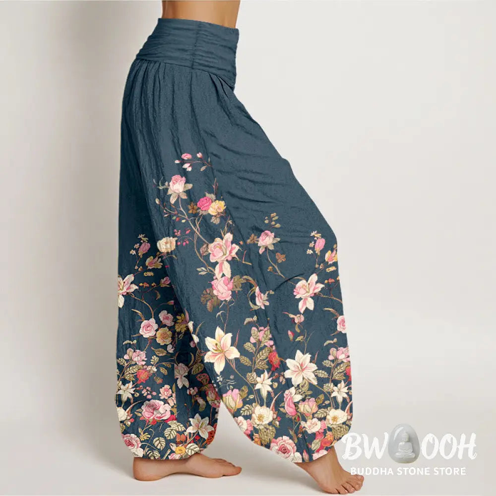 Buddha Stones Pure Cotton Exquisite Colorful Flower Pattern Women’s Elastic Waist Harem Pants - Women’s Harem Pants