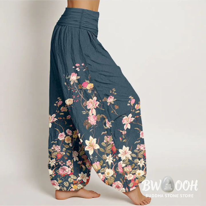 Buddha Stones Pure Cotton Exquisite Colorful Flower Pattern Women’s Elastic Waist Harem Pants - Women’s Harem Pants