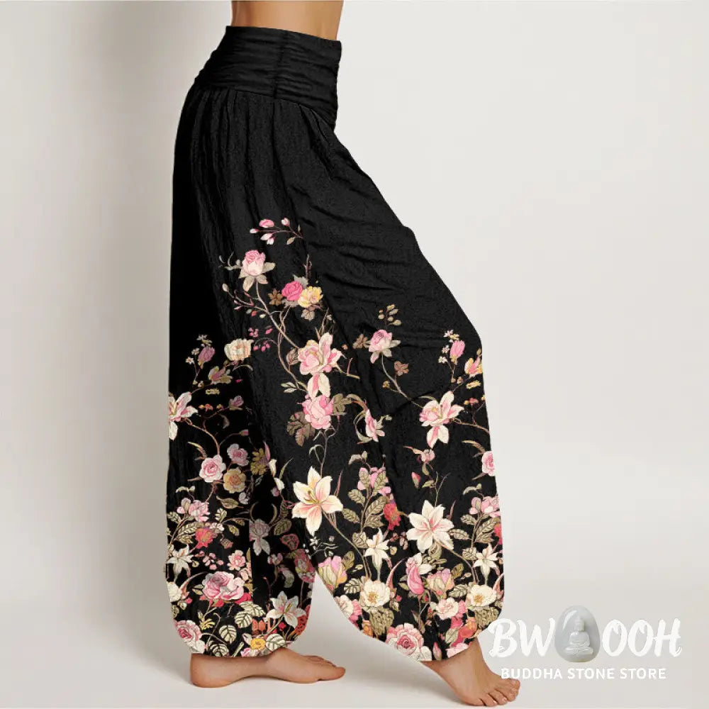 Buddha Stones Pure Cotton Exquisite Colorful Flower Pattern Women’s Elastic Waist Harem Pants - Women’s Harem Pants