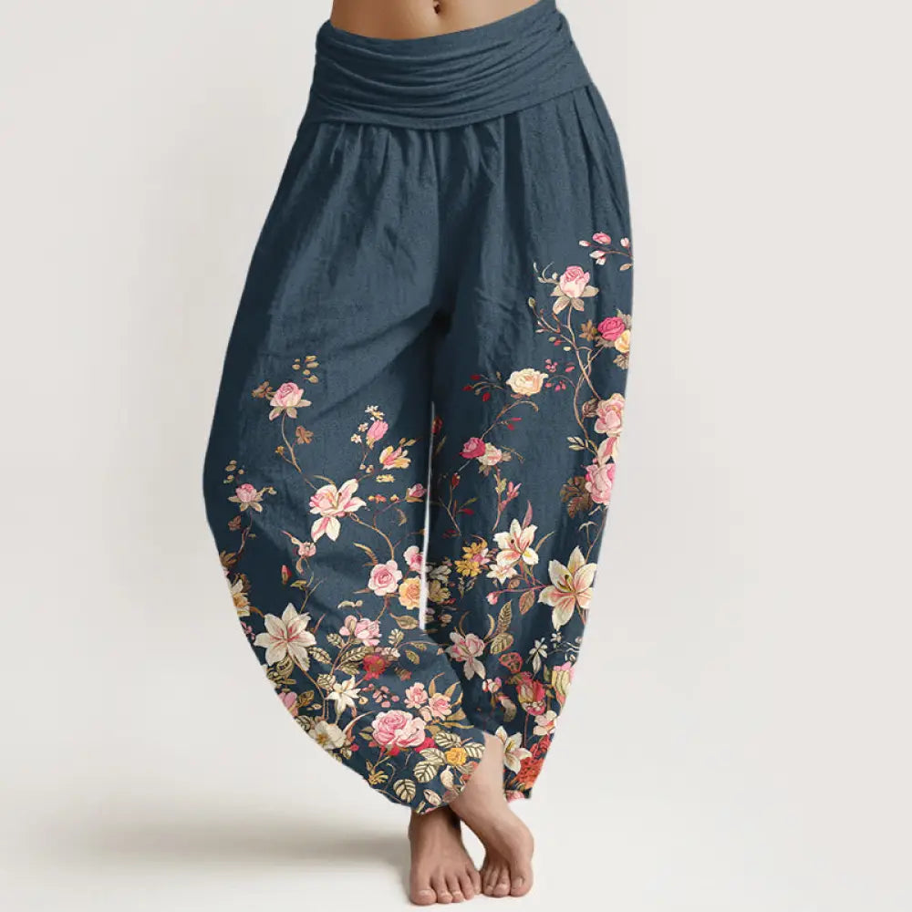 Buddha Stones Pure Cotton Exquisite Colorful Flower Pattern Women’s Elastic Waist Harem Pants - DarkSlateBlue