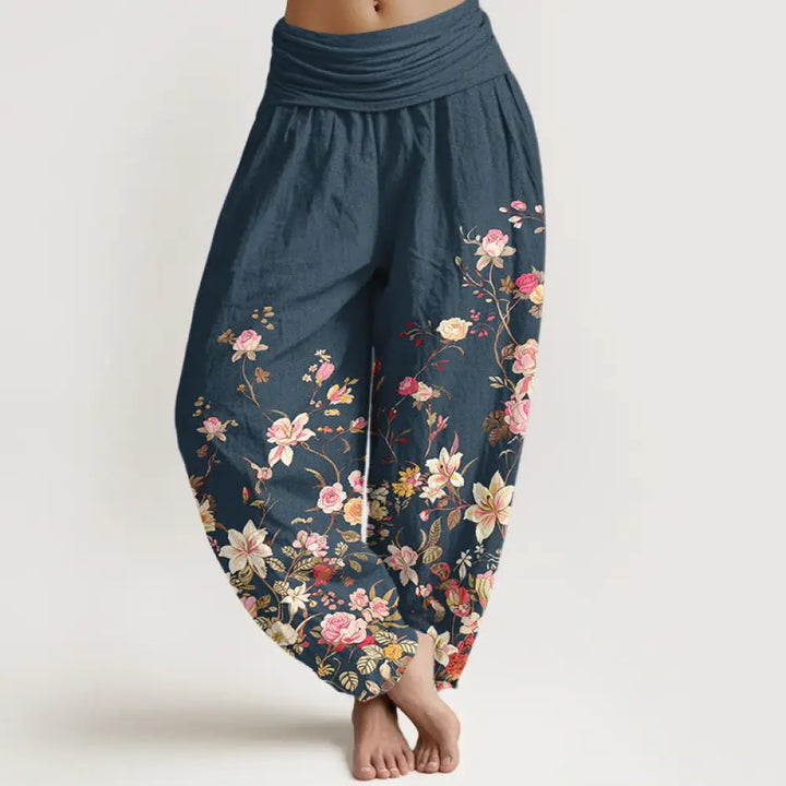 Buddha Stones Pure Cotton Exquisite Colorful Flower Pattern Women’s Elastic Waist Harem Pants - DarkSlateBlue