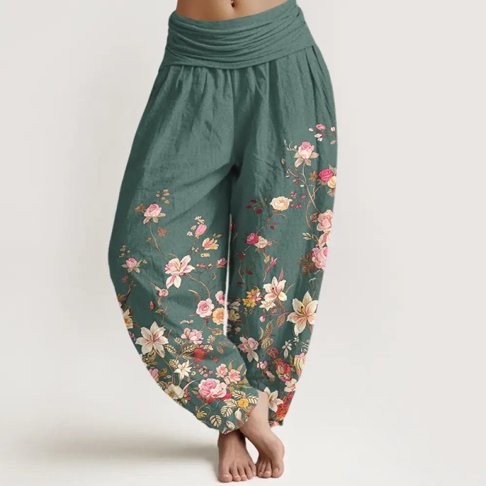 Buddha Stones Pure Cotton Exquisite Colorful Flower Pattern Women’s Elastic Waist Harem Pants - MediumSeaGreen