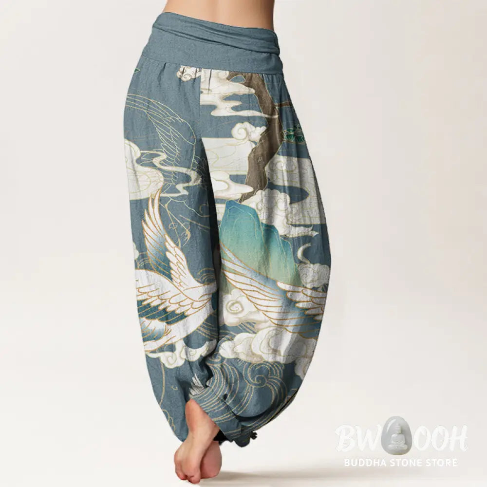 Buddha Stones Pure Cotton Flying Cranes Auspicious Clouds Tree women’s Elastic Waist Harem Pants - Women’s Harem Pants