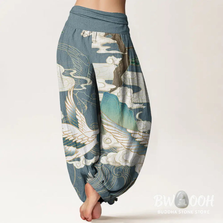 Buddha Stones Pure Cotton Flying Cranes Auspicious Clouds Tree women’s Elastic Waist Harem Pants - Women’s Harem Pants