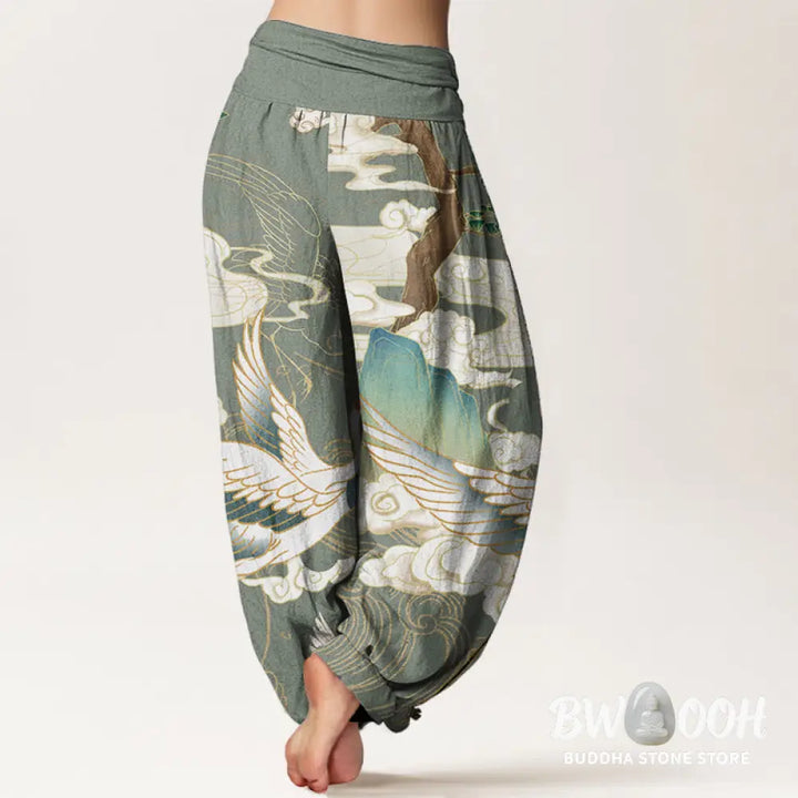 Buddha Stones Pure Cotton Flying Cranes Auspicious Clouds Tree women’s Elastic Waist Harem Pants - Women’s Harem Pants