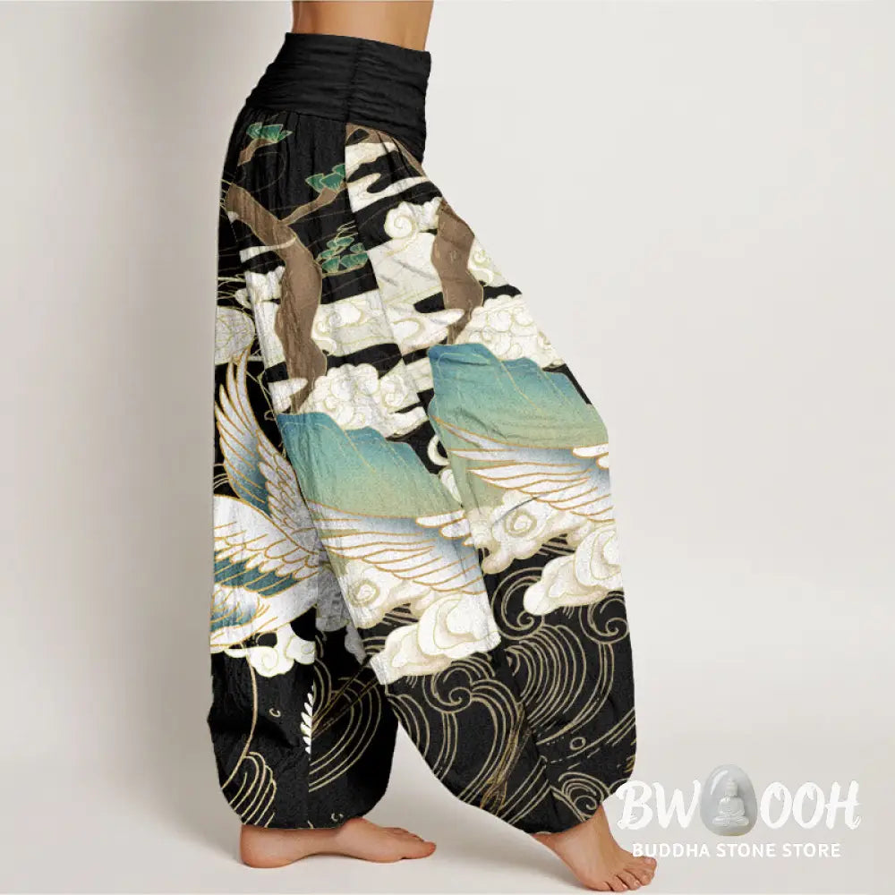 Buddha Stones Pure Cotton Flying Cranes Auspicious Clouds Tree women’s Elastic Waist Harem Pants - Women’s Harem Pants