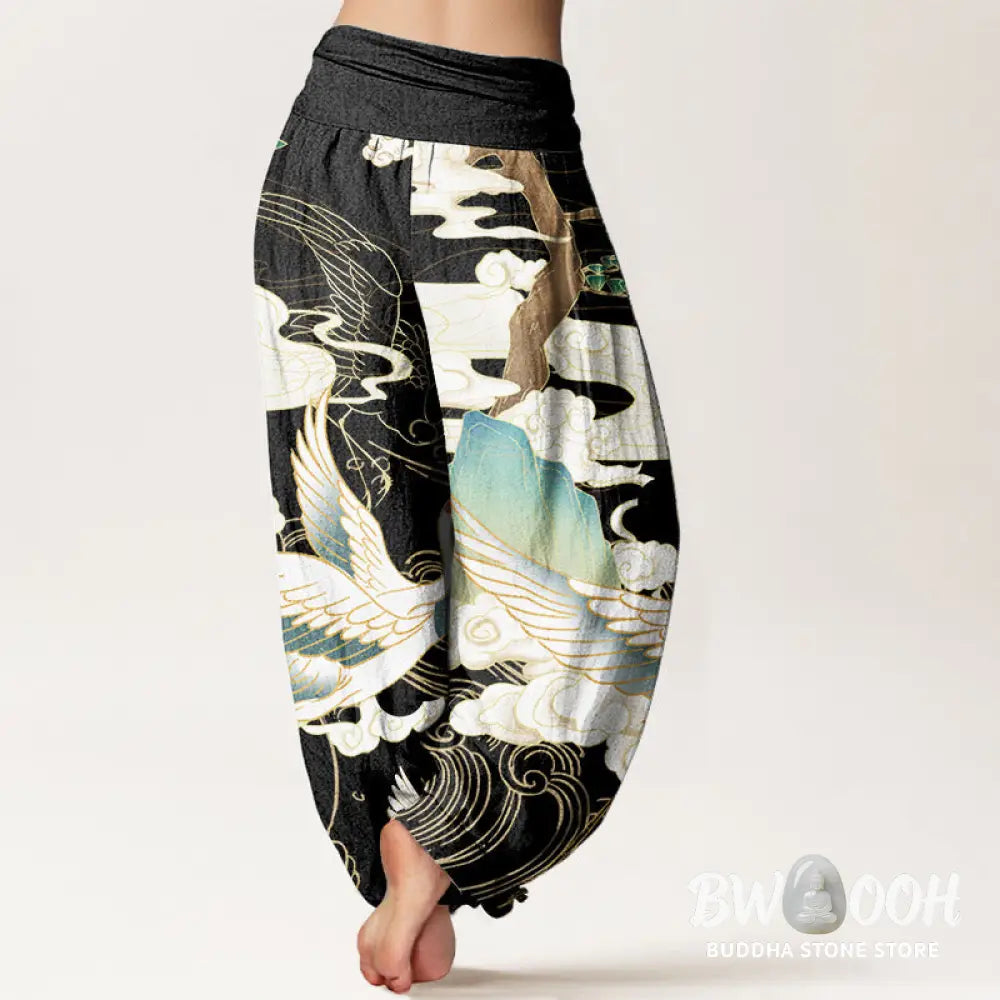 Buddha Stones Pure Cotton Flying Cranes Auspicious Clouds Tree women’s Elastic Waist Harem Pants - Women’s Harem Pants