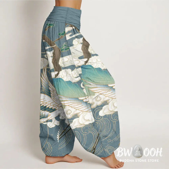 Buddha Stones Pure Cotton Flying Cranes Auspicious Clouds Tree women’s Elastic Waist Harem Pants - Women’s Harem Pants