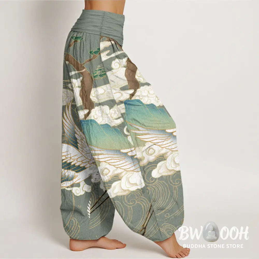 Buddha Stones Pure Cotton Flying Cranes Auspicious Clouds Tree women’s Elastic Waist Harem Pants - Women’s Harem Pants