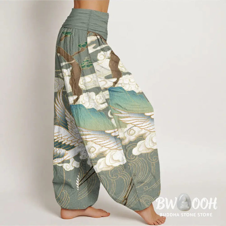 Buddha Stones Pure Cotton Flying Cranes Auspicious Clouds Tree women’s Elastic Waist Harem Pants - Women’s Harem Pants