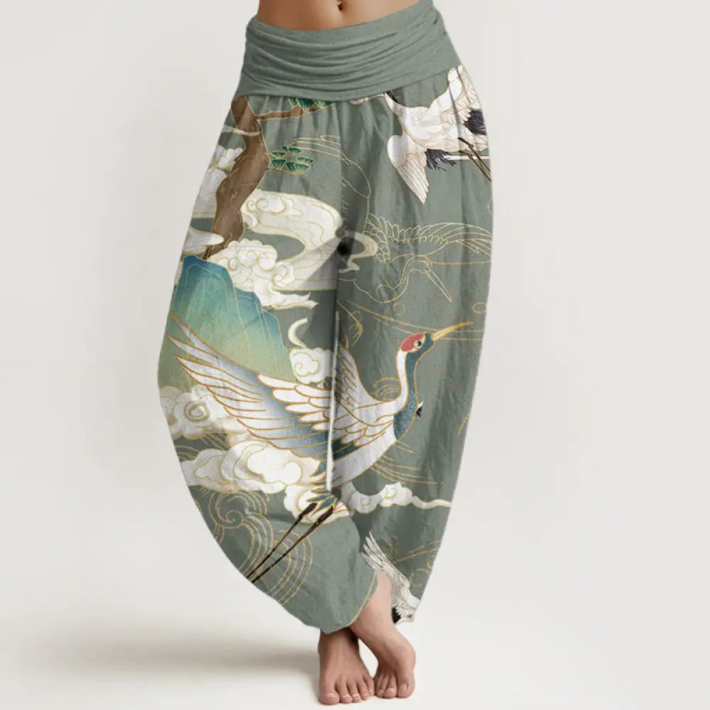 Buddha Stones Pure Cotton Flying Cranes Auspicious Clouds Tree women’s Elastic Waist Harem Pants - DarkSeaGreen